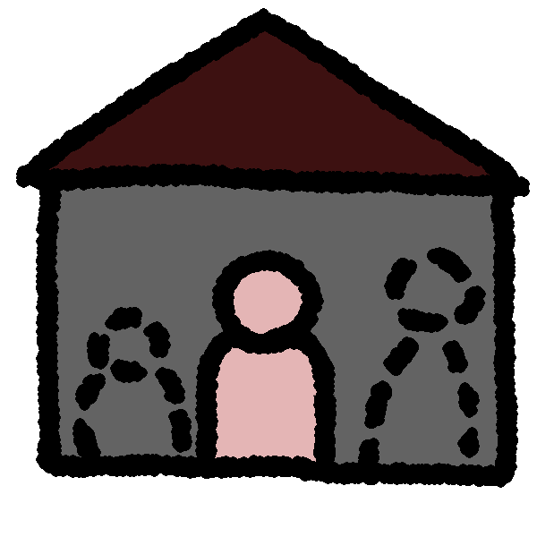 An outline of a house has a grey body and a red roof. Inside of it are three figures, one is colored in a light pink and the others are only dashed outlines. 